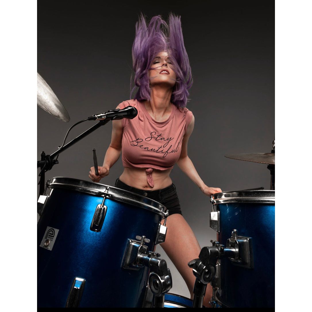Brazilian Purple Bob Wig in action with a drummer.