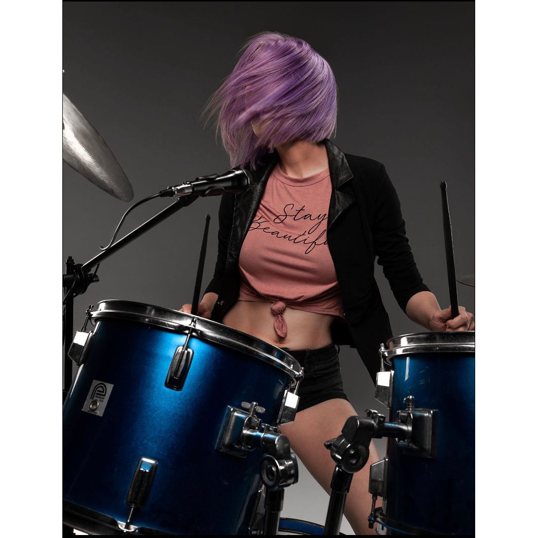 Brazilian purple bob wig in action while drumming.
