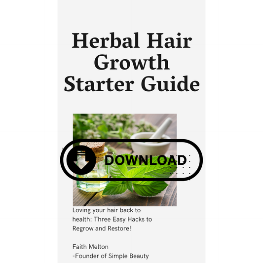 Herbal Hair Growth Starter Guide with natural oils and leaves promoting hair regrowth and restoration tips